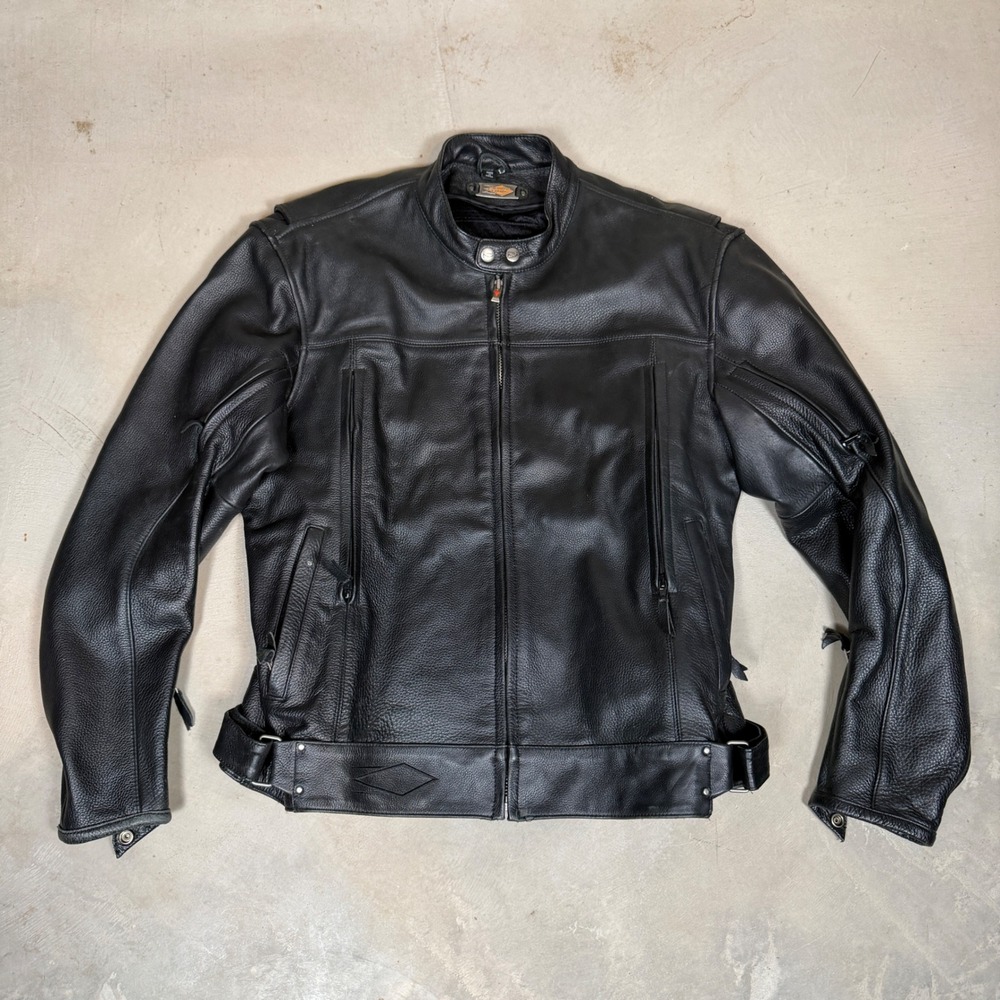 Cafe Racer Mens Black Leather Motorcycle Jacket Liner Large Biker Riding
